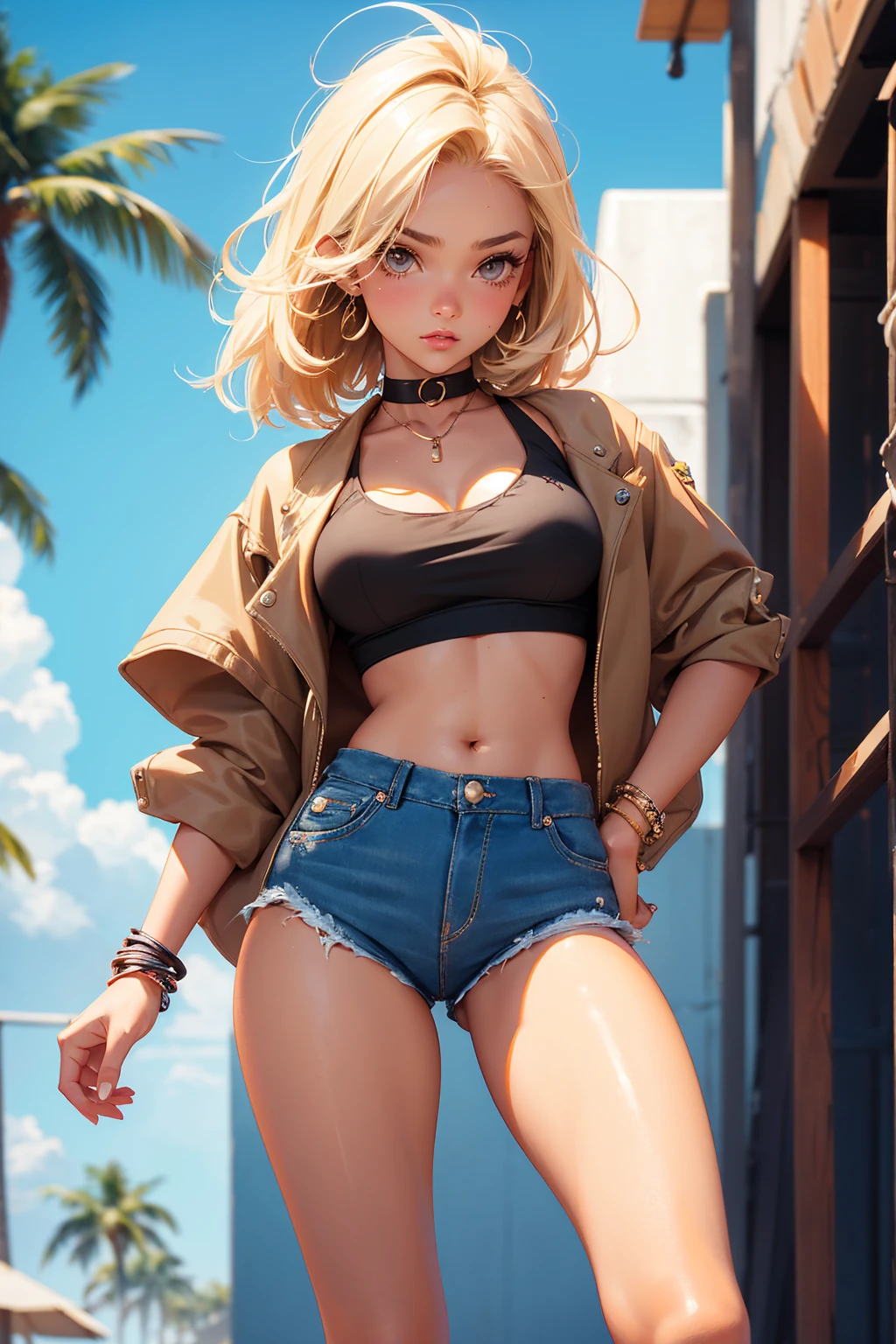 age girl-model 18 years old, beautiful, tanned, blonde, bob hair, bangs, brown eyes, beautiful figure, girl wearing crop shirt and too short mini shorts, beautiful long legs, slave bracelets, slave choker, manicure, cute makeup, sweaty clothes, flirtatiously posing, hot summer, hot flirty, sexy posing, summer outfit, top quality, higest quality, pin-up style, retro 80s style, Daisy Dukes style, Miami vibes,