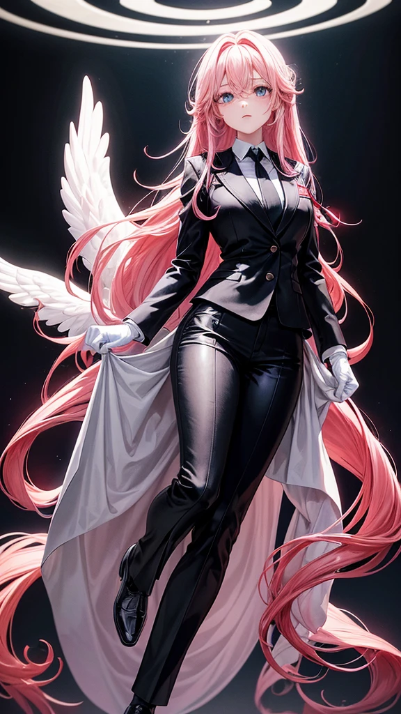 appears a woman with long pink hair, an angelic face, the age of a college girl with slightly dark blue pupils. The woman is wearing a neat black suit with a white shirt and red tie and a red jacket. the woman is wearing black trousers and black leather hills shoes. both hands wear white rubber gloves. Anime style