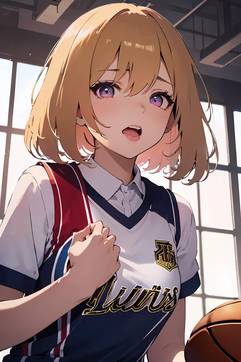 masterpiece, absurdres, best quality, ultra detailed, high Resolution, detailed illustration, bright colour, (extremely beautiful detailed face and eyes, Delicate beautiful face, 1 girl, cute face:1.3), (magenta eyes:1.1), sparkling eyes, big eyes, medium breasts, (perky breasts:1.1), (pointy breasts:1.1), medium hips, glamorous body, white skin, BREAK, long bob cut, (blonde hair:0.8), messy hair, detailed hair, shiny hair, BREAK (undressed, basketball uniform, Tuck up your shirt, Panties:1.3), perfect lighting, (embarrassed:1.3), (ecstasy, vulgarity:1.5), (trembling:0.8), gym,