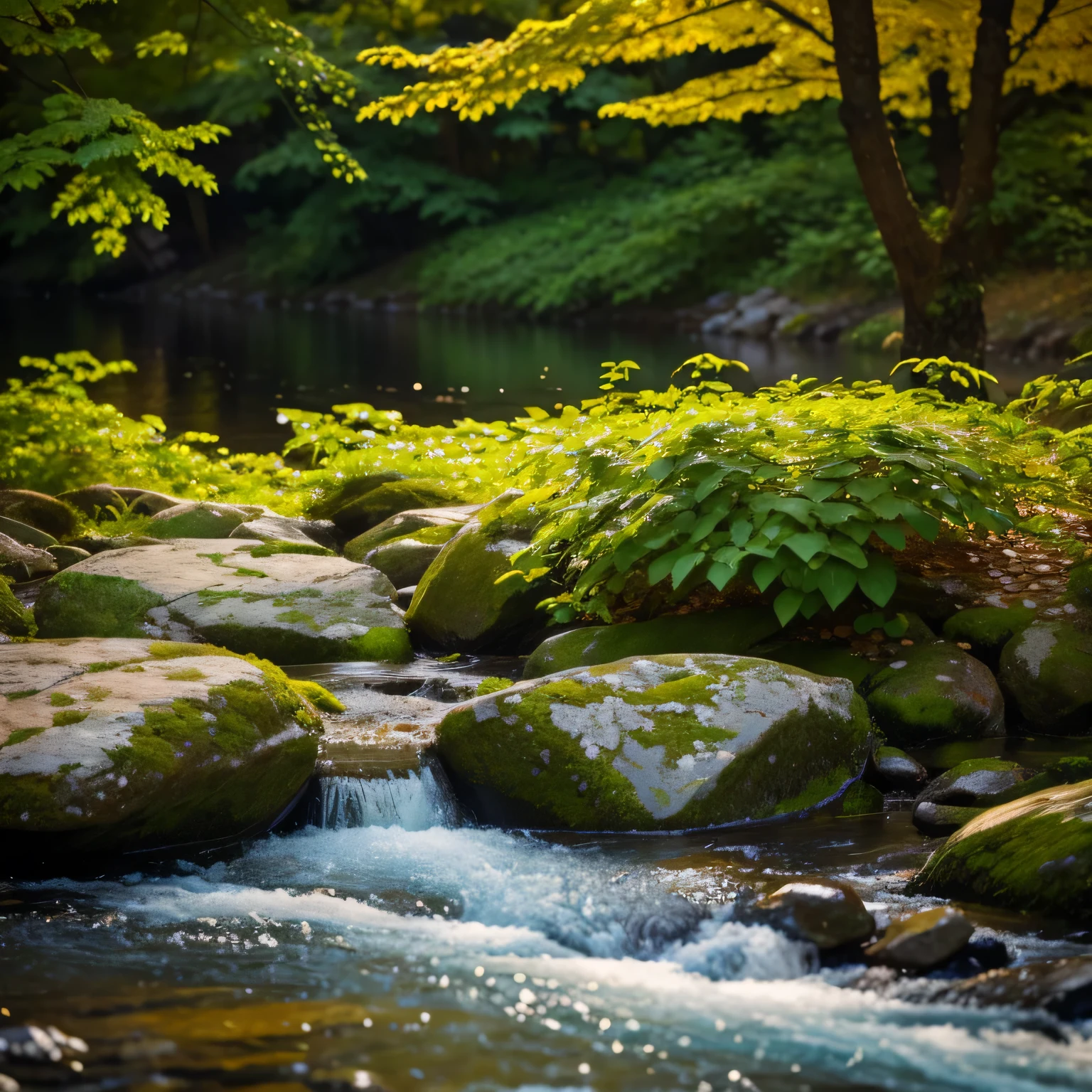 Hyperrealistic photo, ((without deformations)), high resolution, f/15 with great depth of field, 1 close-up of bushes with many leaves, 2 river shot with stones