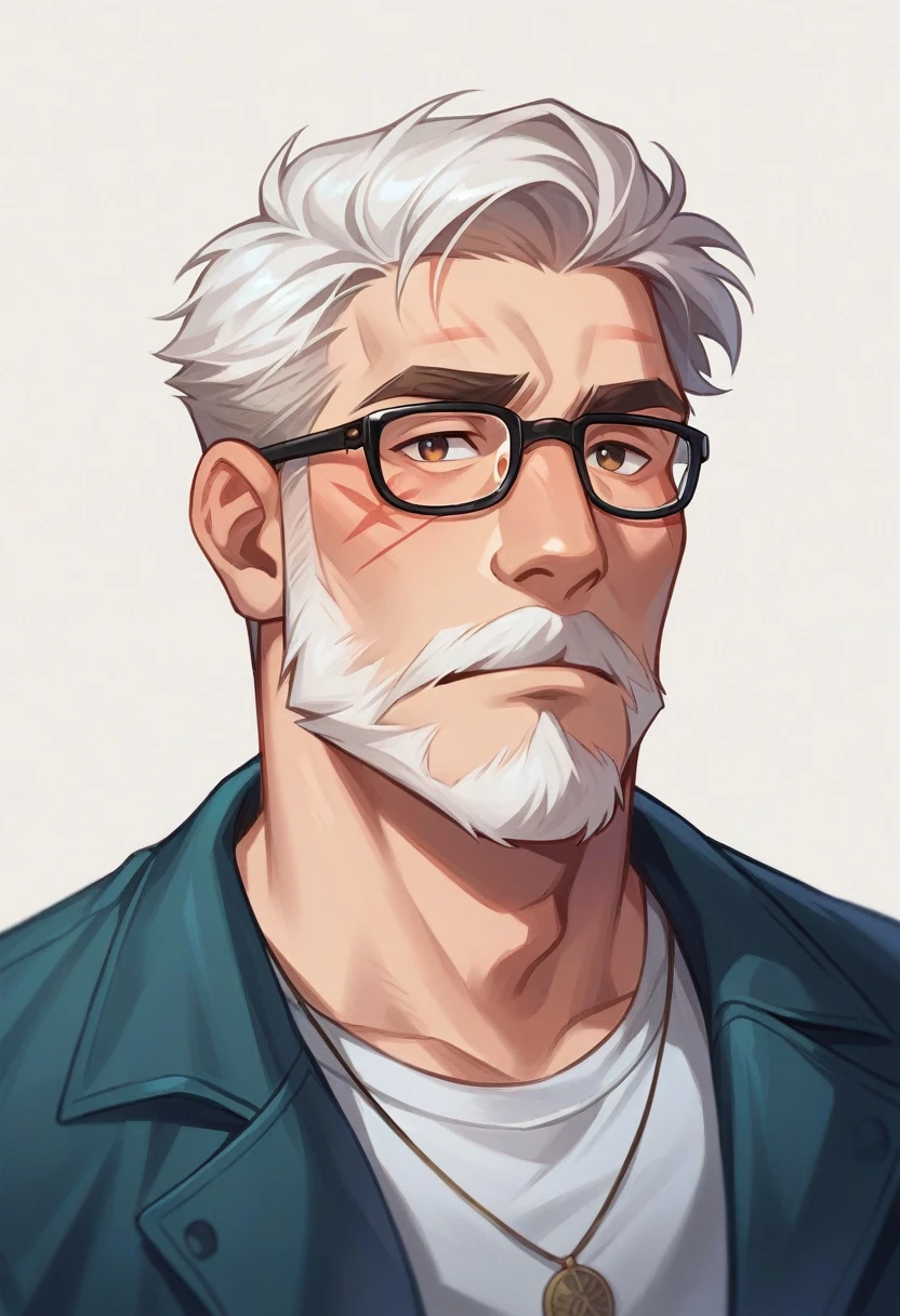 Draw a man of approximately 49 years old, with white beard, whisker, expression marks, and without glasses. He must have a calm facial expression and be wearing casual clothes