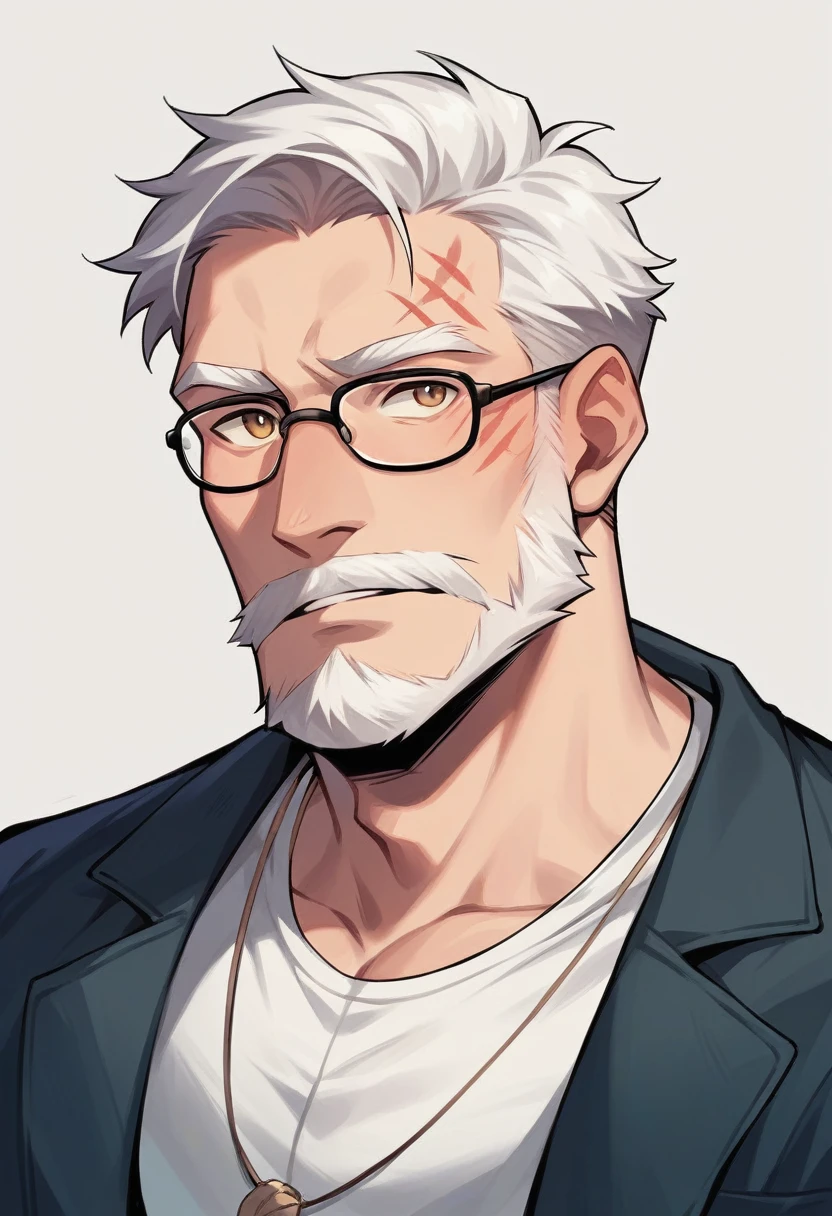 Draw a man of approximately 49 years old, with white beard, whisker, expression marks, and without glasses. He must have a calm facial expression and be wearing casual clothes