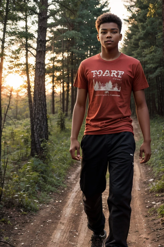 A 16-year-old boy is walking along a dirt road in the forest, at sunset. The boy is wearing a red t-shirt and a pair of pants. The t-shirt has 's' written on it.