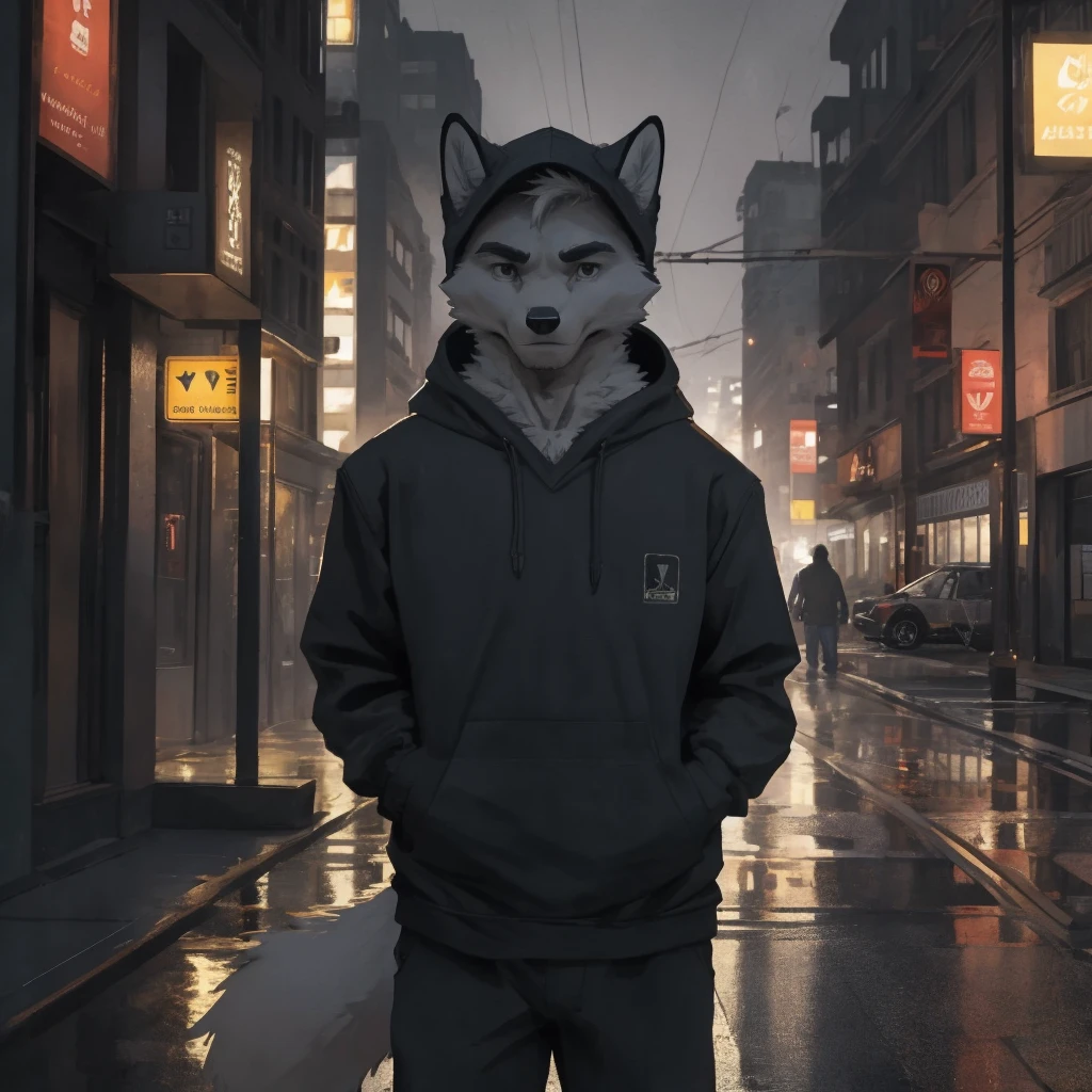 Male, males, fox, arctic fox, white fur, short hair, 20 years old, hoodie, night, public, city streets, Lamborghini, rain, water drops, dramatic effect, dramatic light, shadow, shade, higlight, high quality, high details, High detailed image, high quality image, Very detailed shadows, high detail shadows, high details 