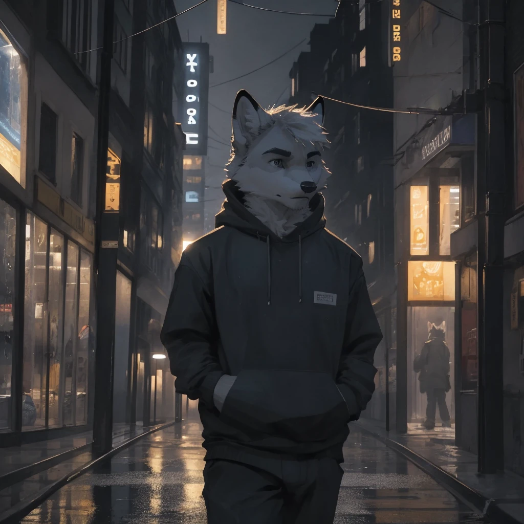 Male, males, fox, arctic fox, white fur, short hair, 20 years old, hoodie, night, public, city streets, Lamborghini, rain, water drops, dramatic effect, dramatic light, shadow, shade, higlight, high quality, high details, High detailed image, high quality image, Very detailed shadows, high detail shadows, high details 