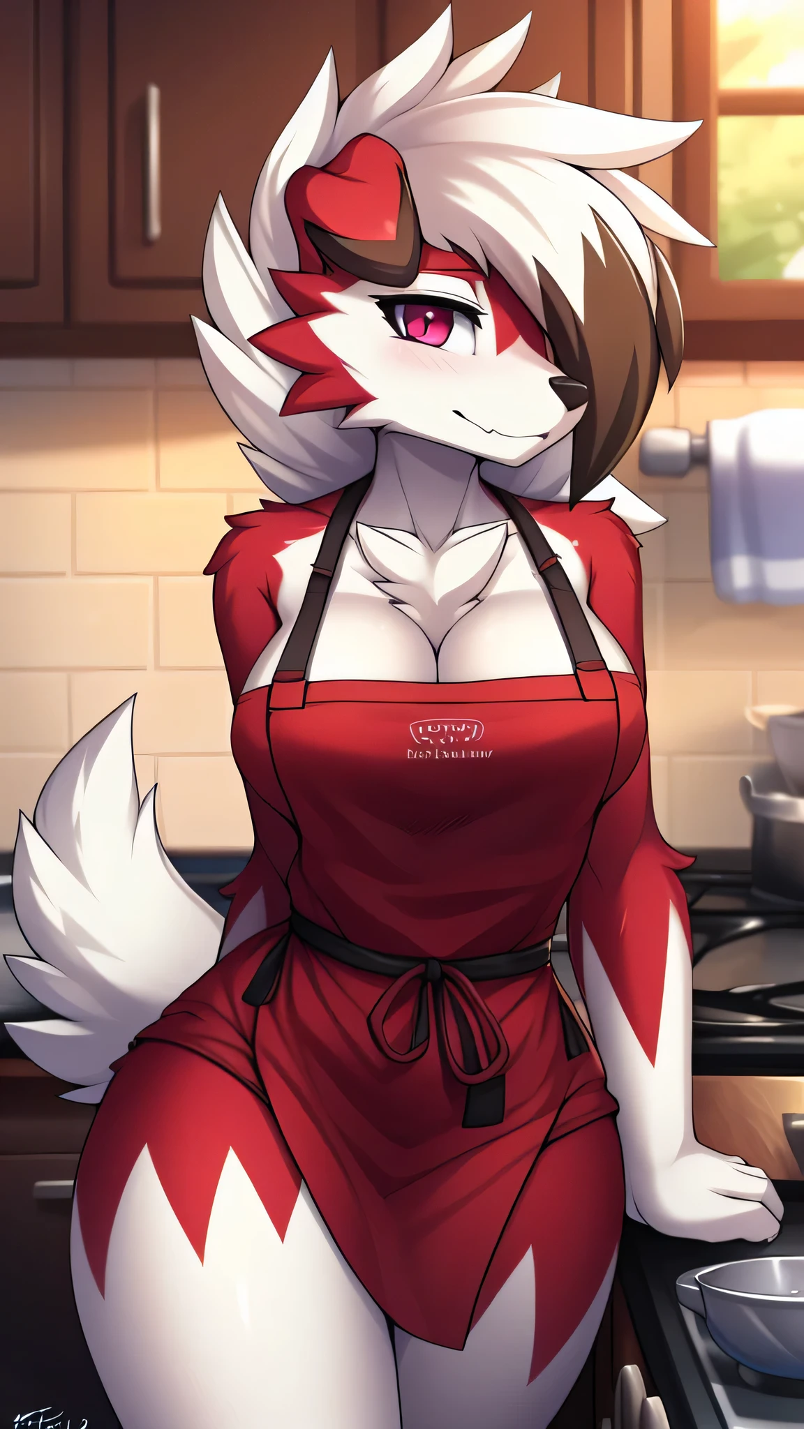 By zinfyu,by twistedscarlet60, uploaded on pixiv, by fluff-kevlar, (masterpiece), (best quality), (solo female:1.2), (extremely detailed:1.3),(detailed eye,black circle on eye,pink eye), lycanroc midnight, view on viewer, close view, shy face, half body on potrait, only body and head, close view, wearing cooking apron,in kitchen, serving food, (tail:1.1), closeup photo of lycanroc, adult body posture