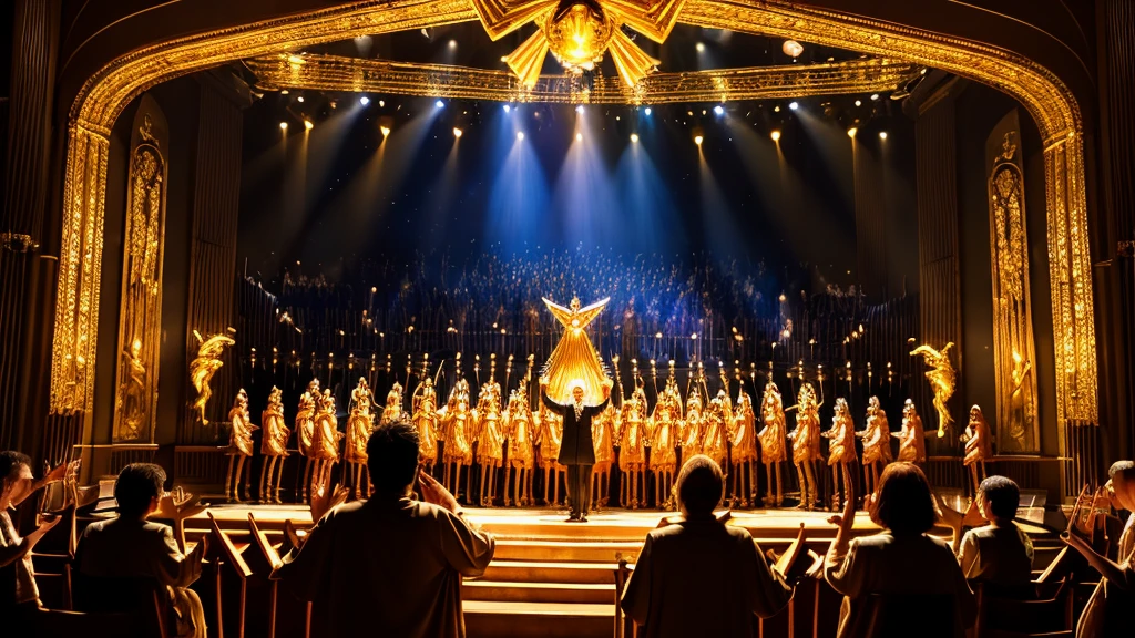 Lucifer leading a choir of angels in celestial worship, his arms raised in orchestration. The heavenly host sings in harmonious praise, with golden light cascading from above. The atmosphere is one of grandeur and divine harmony, conveying the honor and importance of his task.