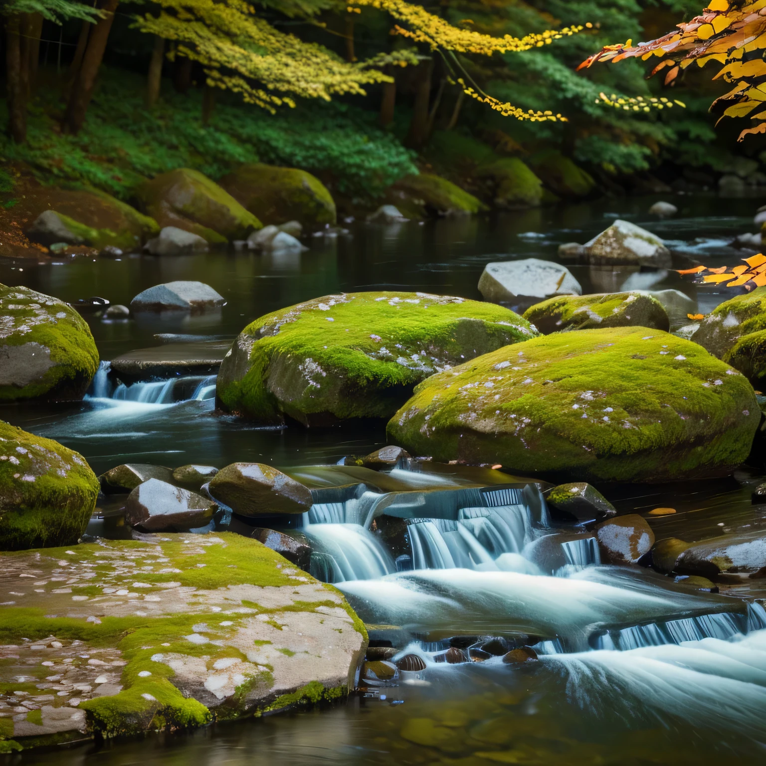 Hyperrealistic photo, ((without deformations)), high resolution, f/15 with great depth of field, 1 close-up of bushes with many leaves, 2 river shot with stones