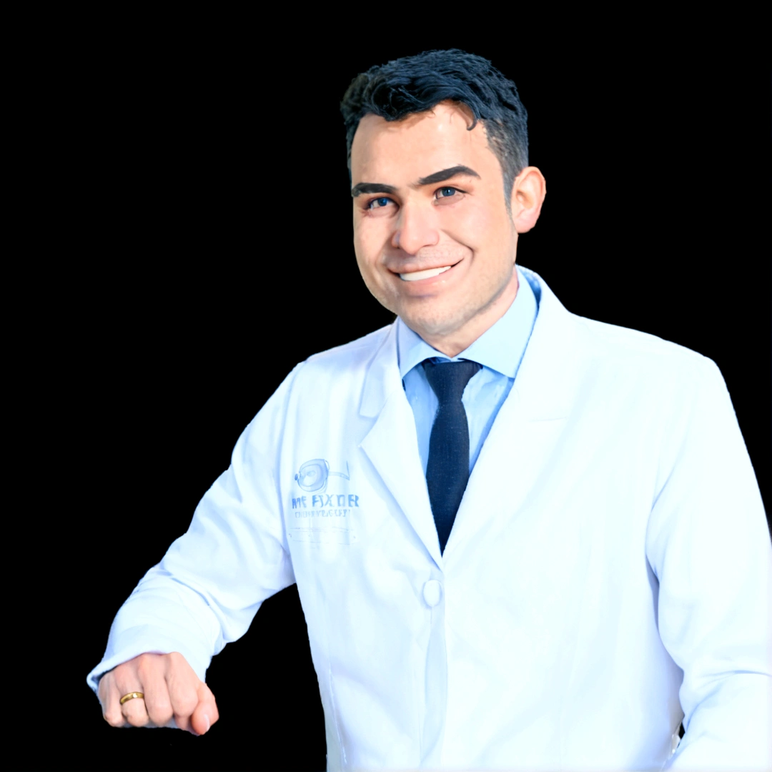 A Pixar-Style 3D Ophthalmologist, 35-year-old man, charismatic smiling, white skin, short black hair, wearing a white coat, smooth face without beard, he does not wear glasses