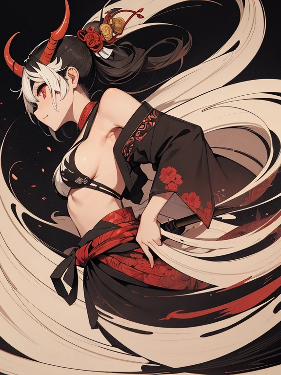 pandemonium, oni, The picture is painted in the style of a Japanese ink painting, (Side angle)