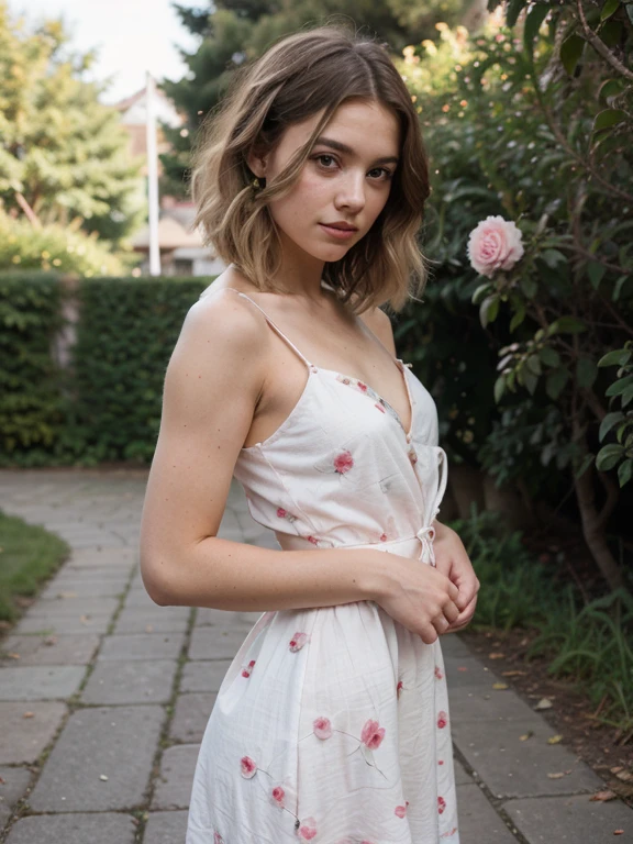 8k, RAW photo, Fujifilm, style photo of a beautiful young woman as avril in a garden of light pink roses (highly detailed skin: 1.2) Style-Petal BREAK short hair, blonde hair with colored locks, wearing a dress, film granulation, 35mm, cute style