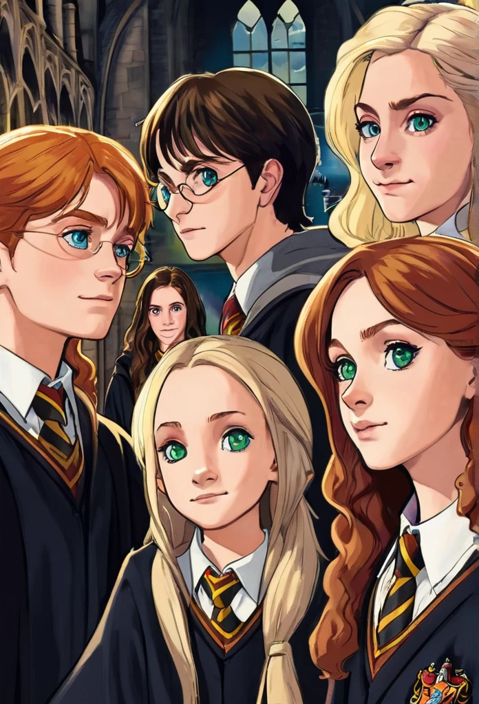 dessin de couverture Harry Potter, in foreground Harry Potter Gryffondor black hair and green eyes, Ron Weasley, redhead with brown eyes, and Hermione Granger fille, brunette, brown eyes, in the background Draco Malfoy Serpentard platinum blonde, gray eyes, Ginny Weasley fille rousse yeux marrons Gryffondor , In the last shot Luna lovegood fille blue eyes and dark blond hair and Neuville Londuba garçon blond yeux marrons Gryffondor