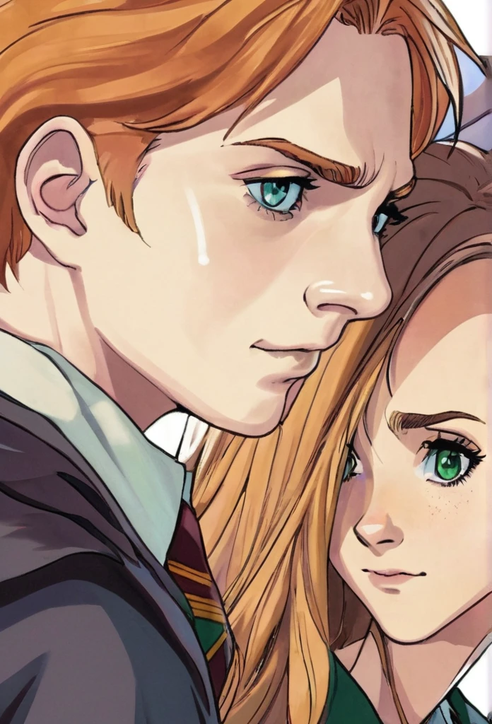 dessin de couverture Harry Potter, in foreground Harry Potter Gryffondor black hair and green eyes, Ron Weasley, redhead with brown eyes, and Hermione Granger fille, brunette, brown eyes, in the background Draco Malfoy Serpentard platinum blonde, gray eyes, Ginny Weasley fille rousse yeux marrons Gryffondor , In the last shot Luna lovegood fille blue eyes and dark blond hair and Neuville Londuba garçon blond yeux marrons Gryffondor  
