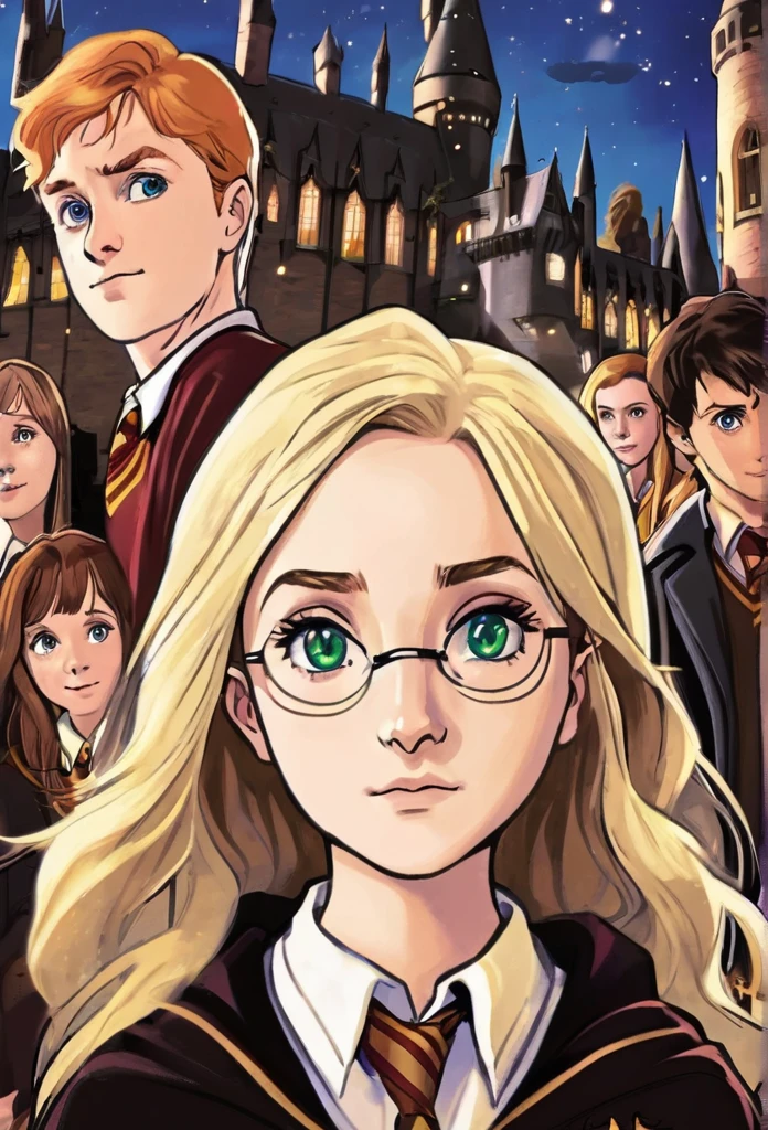 dessin de couverture Harry Potter, in foreground Harry Potter Gryffondor black hair and green eyes, Ron Weasley, redhead with brown eyes, and Hermione Granger fille, brunette, brown eyes, in the background Draco Malfoy Serpentard platinum blonde, gray eyes, Ginny Weasley fille rousse yeux marrons Gryffondor , In the last shot Luna lovegood fille blue eyes and dark blond hair and Neuville Londuba garçon blond yeux marrons Gryffondor