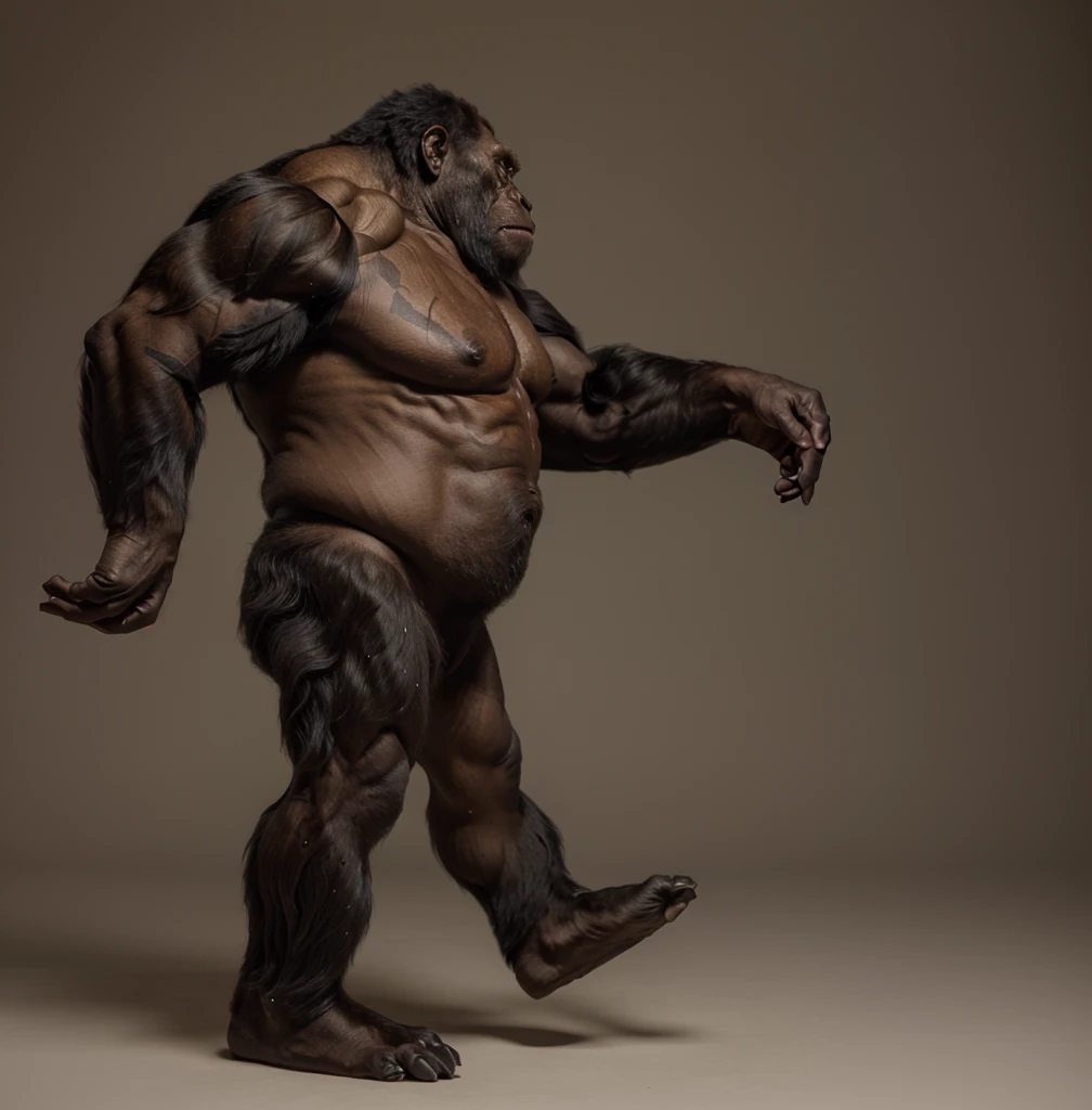 arafed gorilla standing on its hind legs with a white background, gorilla, distant full body view, bigfoot, big foot, full body wide shot, whole body highly detailed, like gorilla, sasquatch,muscular, strong body, full body profile, 1/2 view realistic, full body shot hyperdetailed, highly detailed full body, ( sasquatch, full body close-up shot