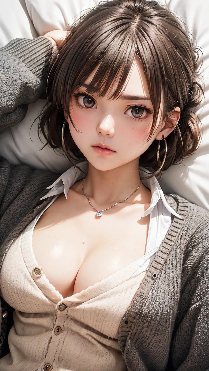 (masterpiece: 1.3), (Maximum resolution: 1.2), (Ultra HD TV: 1.2), Cinematic Light, 8K resolution, Detailed facial features , (Sharp focus: 1.2), (Focus on the face:1.2),Perfect Style, Beautiful Face, Acura, Anatomically correct, Highly detailed face and skin quality感, Beautiful Eyes,ThroughkBright Eyes, Natural Cheeks, Glowing Skin, (Glossy Lips: 1.4),、 (A shameful expression: 1.2),Highly detailed face and skin quality, Natural Cheeks, , Glossy Lips,Exposed cleavage、(White mucus on chest:1.6)(White mucus on thighs:1.6)、 blush、Humiliating、shame、Please open your knees、dissatisfaction、anger、tears、sorrow、Glaring at the camera、Spread your legs、Sparkly little earrings and necklace、Disheveled clothes、Exposed panties、stockings、Drenched in sweat、Thin underwear、Wet underwear、stockings 、Long Hair、32 years old, Clean woman,1 person、 first class cabin、On the bed(On my back, Lying down in bed, Lying down in bedいる, Lying down, White sheets:1.3)、blonde、Silver Hair、Blue-gray eyes、Green-gray eyes,(V-neck shirt and cardigan:1.4)、scarf、dissatisfaction、Masturbate、Nipple exposure、Soft Breasts、