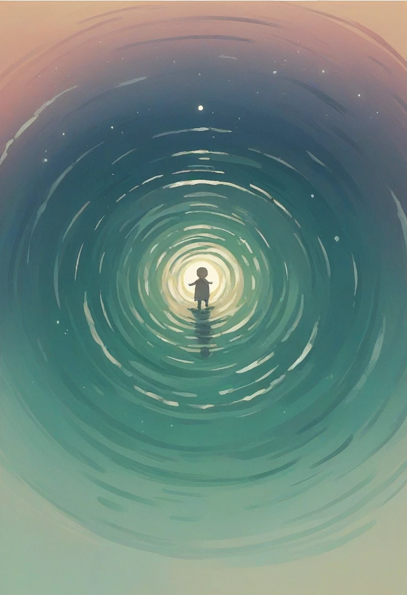 Sea of ink, above the ink stands a human figure that is entirely made of sparkling black plastic. gloomy sky, the starry sky is visible in the reflection.