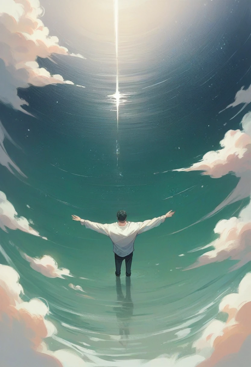 Sea of ink, above the ink stands a human figure that is entirely made of sparkling black plastic. gloomy sky, the starry sky is visible in the reflection.