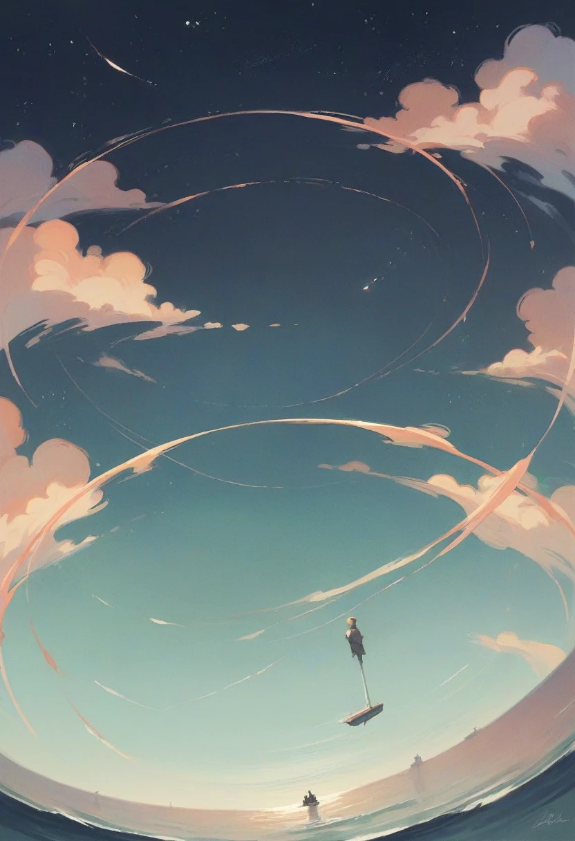 Sea of ink, above the ink stands a human figure that is entirely made of sparkling black plastic. gloomy sky, the starry sky is visible in the reflection.