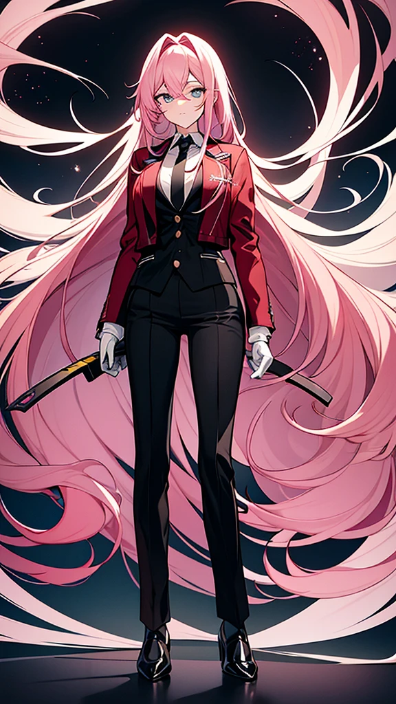 appears a woman with long pink hair, an angelic face, the age of a college girl with slightly dark blue pupils. The woman is wearing a neat black suit with a white shirt and red tie and a red jacket. the woman is wearing black trousers and black leather hills shoes. both hands wear white rubber gloves. Anime style