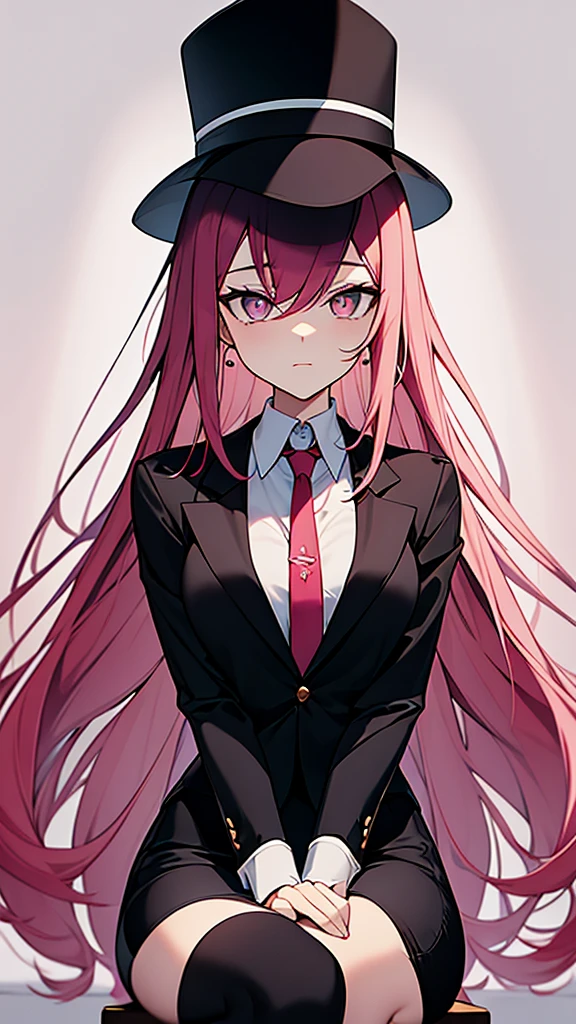 appears a woman with long pink hair, an angelic face, the age of a college girl with slightly dark blue pupils. The woman is wearing a neat black suit with a white shirt and red tie and a red jacket. the woman is wearing black trousers and black leather hills shoes. both hands wear white rubber gloves. Anime style