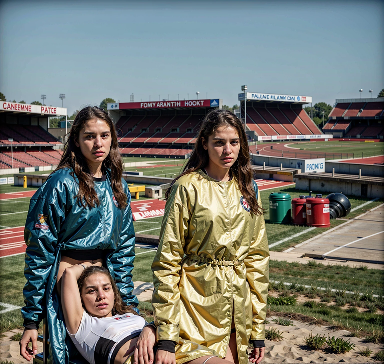 There is a man lying on a stretcher with his hands crossed over his face, a man in a t-shirt and sports shorts has crossed his hands over his face, the man has an agonised face under his hands, two longhaired and ponytailed women that are wearing very shiny coats, there are longhaired women wearing laquered puffy coats, longhaired women are walking in wetlook puffy coats, several women walking around a football field with an injured athlete on a stretcher, the injured athlete on the stretcher covers his face with both hands, the women look very worried, behind the women there is a frightening atmosphere, there is heavy rainfall in the background, video still, behind the scenes, Malika Favre, screenshot, footage, 4 0 9 6, cover photo, aesthetic shot, dramatic mood, intense scene, There is a man lying on a stretcher with his hands crossed over his face, a man in a t-shirt and sports shorts has crossed his hands over his face, the man has an agonised face under his hands, two longhaired and ponytailed women that are wearing very shiny coats, there are longhaired women wearing laquered puffy coats, longhaired women are walking in wetlook puffy coats, several women walking around a football field with an injured athlete on a stretcher, the injured athlete on the stretcher covers his face with both hands, the women look very worried