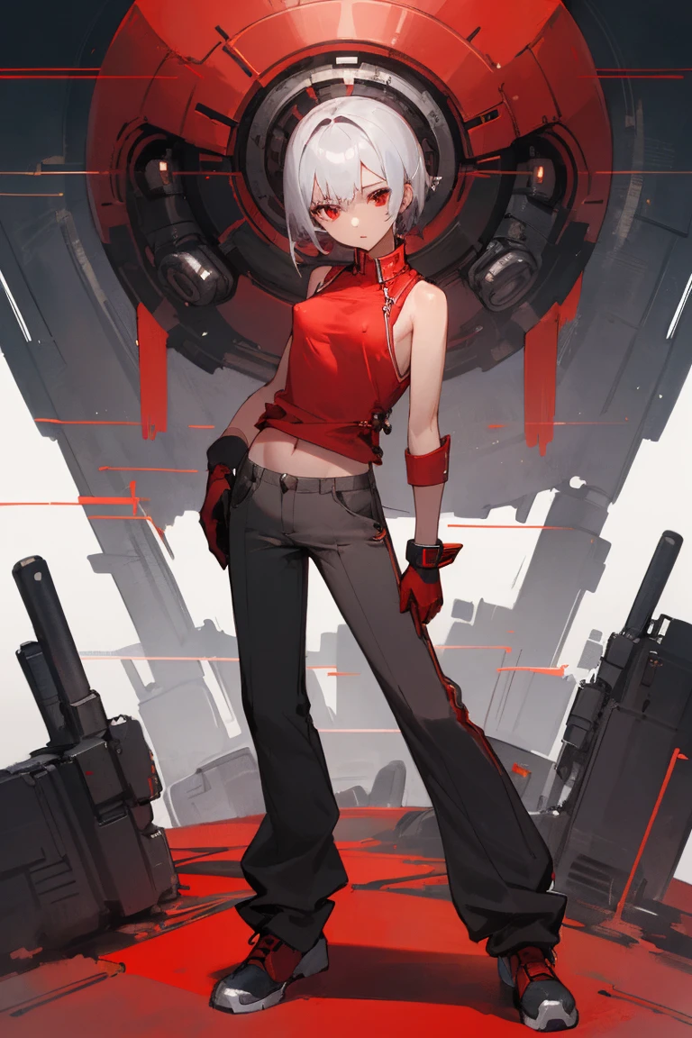 ((Highest quality)), ((masterpiece)), (Become familiar with), 1 girl, alone, Silver Hair,Brown Skin,Red eyes,Long trousers,Red sleeveless,((Red Shirt)),Clothes with a visible back, thin,thin,short hair,Small breasts, Erect nipples, gloves, cyber punk,sf