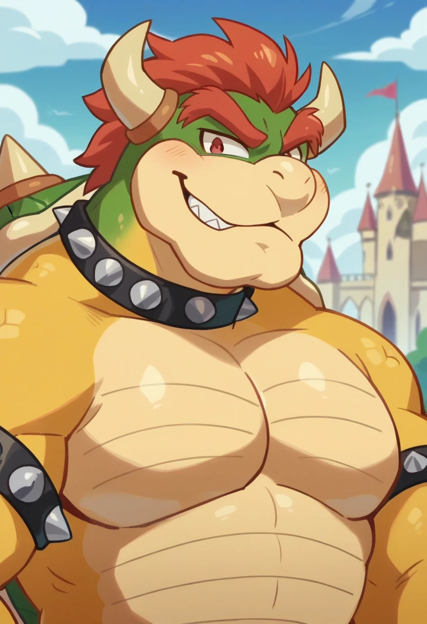 anime screencap,drgbls1, solo, Bowser, male,score_9, score_8_up, score_7_up, score_6_up.castle, upper body,smile,
