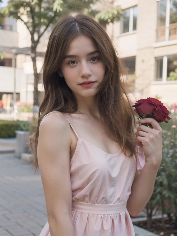 8k, RAW photo, Fujifilm, style photo of a beautiful young woman as avril in a garden of light pink roses (highly detailed skin: 1.2) Style-Petal BREAK short hair, blonde hair with colored locks, wearing a dress, film granulation, 35mm, cute style