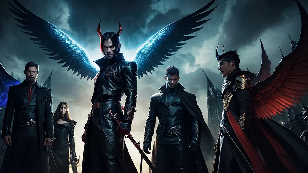 Lucifer, with a proud and defiant expression, standing apart from the other angels. His eyes glint with ambition and arrogance. The backdrop is darkened, with ominous clouds gathering, symbolizing the brewing rebellion. The mood is tense and foreboding, highlighting his inner turmoil and pride.