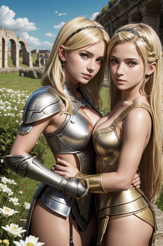 
mother and daughter portrait break: mature woman, roman warrior, queens blade , middle age, blonde, detailed face, curvy, fighter position, background in uk land break: teen girl, roman warrior, princess blade , 13 years old, teenager girl, small breasts, mini cropped, valkyrian princess ,blonde, detailed face, beautiful, confiant, background in uk land with flowers, soft lesbians