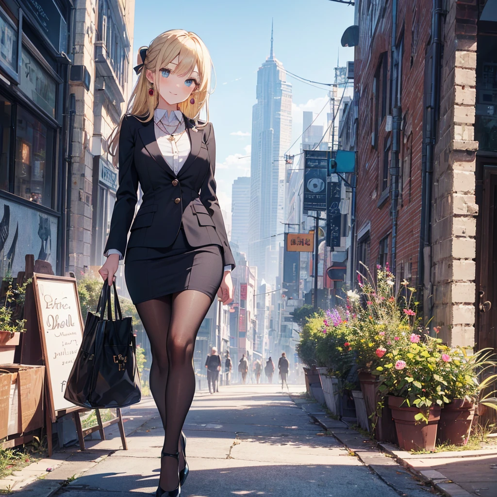 ((({best quality}, {{masterpiece}}, {highres}, original, extremely detailed 8K wallpaper, 1girl, {an extremely delicate and beautiful},))),((cityscape)),solo,1girl, {an extremely delicate and beautiful},long_hair,blonde_hair,half updo,green_eyes,smile,((standing))sweet smile,((beautiful detailed eyes)),office lady suit,sheath dress,pantyhose,high heels,ribbon,earrings,necklace,
