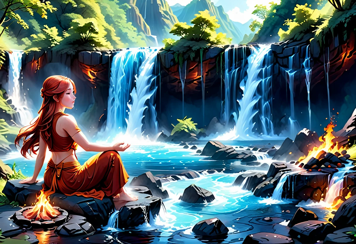 a picture of a (female monk: 1.2) sitting and meditating near a waterfall, at the base of the waterfall,  there is a human woman monk wearing monk garbs, meditating near a bonfire near an (epic sized waterfall: 1.3), red hair, long hair, full body (best details, Masterpiece, best quality :1.5), ultra detailed face (best details, Masterpiece, best quality :1.5), ultra feminine (best details, Masterpiece, best quality :1.5), exquisite beautiful (best details, Masterpiece, best quality :1.5) red hair, long hair, wavy hair, pale skin, blue eyes, intense eyes, water coming down from a volcanic cliff, multi level water falls, several pools created in different levels, forming new waterfalls, water cascading into a (large lava pool: 1.3) steam rising, clear water in many hues of blue and azure, fantasy art, photorealistic, D&D art, ultra best realistic, best details, best quality, 16k, [ultra detailed], masterpiece, best quality, (extremely detailed), ultra wide shot, photorealism, depth of field, hyper realistic painting, faize, perfecteyes