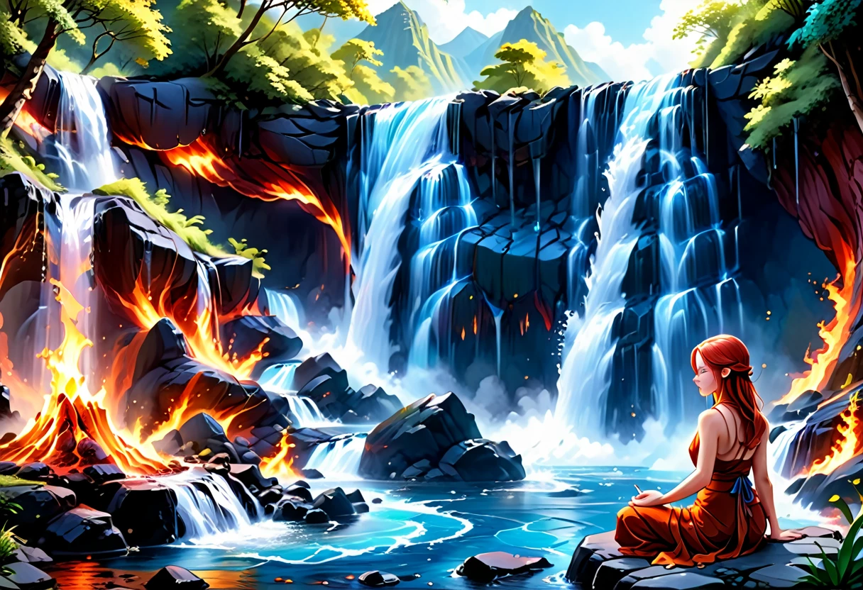 a picture of a (female monk: 1.2) sitting and meditating near a waterfall, at the base of the waterfall,  there is a human woman monk wearing monk garbs, meditating near a bonfire near an (epic sized waterfall: 1.3), red hair, long hair, full body (best details, Masterpiece, best quality :1.5), ultra detailed face (best details, Masterpiece, best quality :1.5), ultra feminine (best details, Masterpiece, best quality :1.5), exquisite beautiful (best details, Masterpiece, best quality :1.5) red hair, long hair, wavy hair, pale skin, blue eyes, intense eyes, water coming down from a volcanic cliff, multi level water falls, several pools created in different levels, forming new waterfalls, water cascading into a (large lava pool: 1.3) steam rising, clear water in many hues of blue and azure, fantasy art, photorealistic, D&D art, ultra best realistic, best details, best quality, 16k, [ultra detailed], masterpiece, best quality, (extremely detailed), ultra wide shot, photorealism, depth of field, hyper realistic painting, faize, perfecteyes