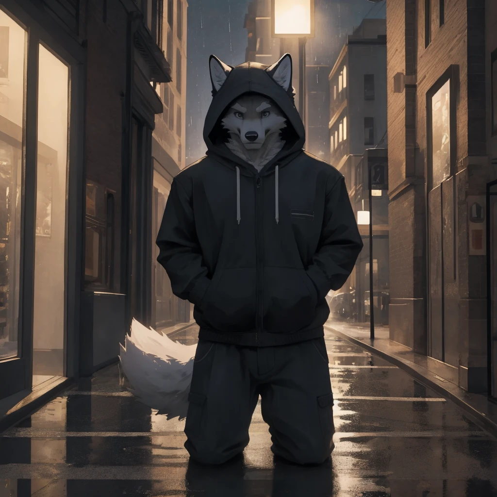 Male, males, fox, arctic fox, white fur, short hair, 20 years old, hoodie, night, public, city streets, Lamborghini Aventador, rain, water drops, dramatic effect, dramatic light, shadow, shade, higlight, high quality, high details, High detailed image, high quality image, Very detailed shadows, high detail shadows, high details