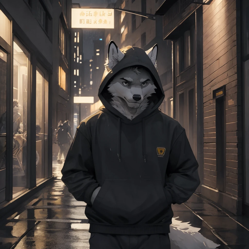 Male, males, fox, arctic fox, white fur, short hair, 20 years old, hoodie, night, public, city streets, Lamborghini Aventador, rain, water drops, dramatic effect, dramatic light, shadow, shade, higlight, high quality, high details, High detailed image, high quality image, Very detailed shadows, high detail shadows, high details