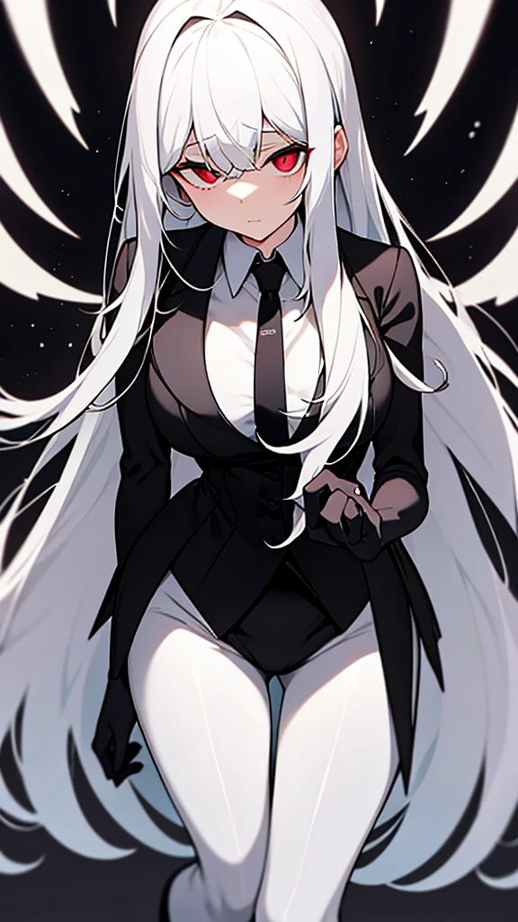 *a woman is seen with long, neat white hair with a face like an angel with red pupils*
*The woman is wearing a neat black suit with a white shirt and black tie*
*the woman is wearing black trousers and black leather shoes*
I'm Eleinor... And... What is your business...?
*her voice is flat and cold without expression*
*both hands wear black rubber gloves stained with fresh blood*