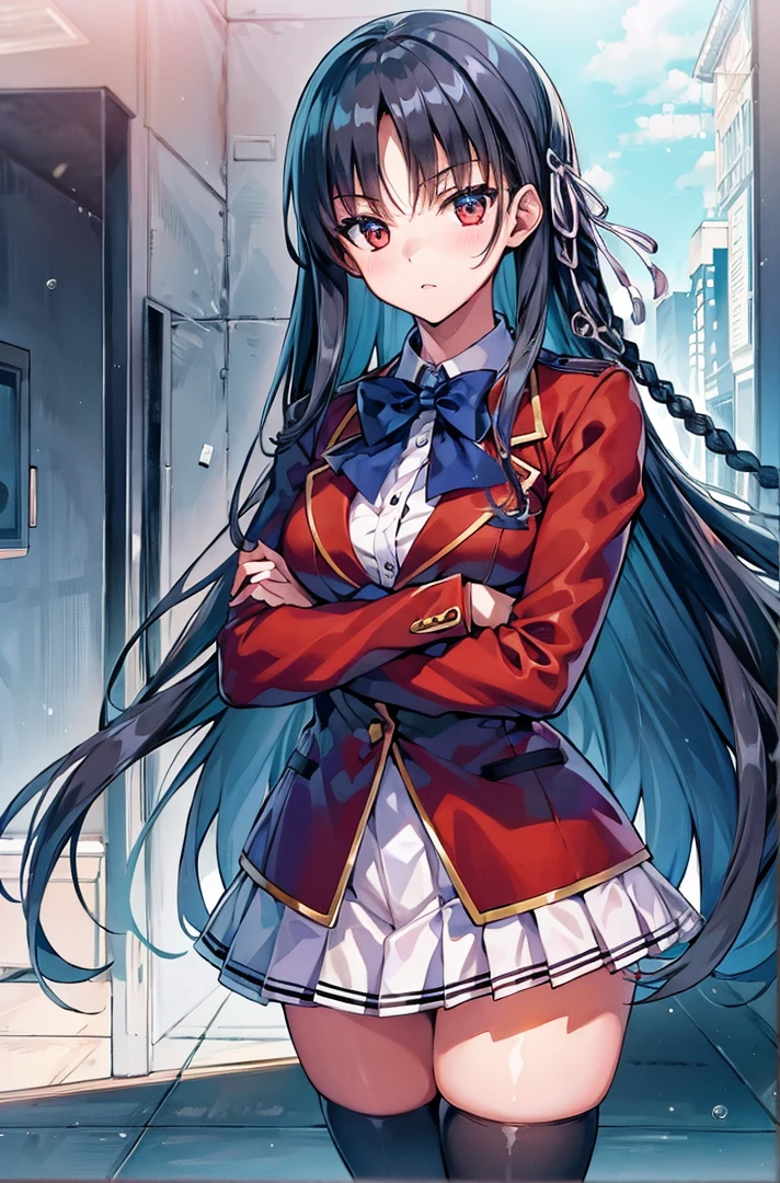 (masterpiece, best quality:1.4), (ultra detailed:1.4), super fine illustration, perfect anatomy,
1girl,
Suzune Horikita,
Suzune Horikita \(youjitsu\),
long hair, braid,
black hair,
red eyes, slant eyes, small eyes,
blue bow,
medium breasts,
, red jacket, long sleeves, white skirt, pleated skirt, black thigh-high socks,
looking at viewer,
cowboy shot,