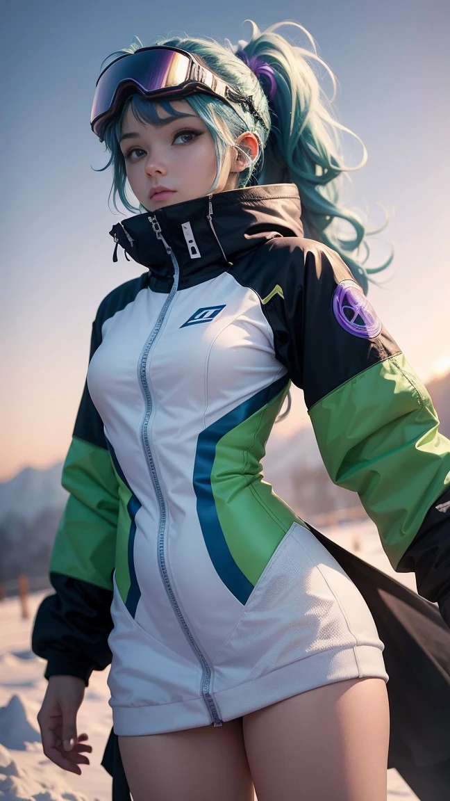 Masterpiece, Best picture quality, Extremely vivid, Anime girl with a curly ponytail, figure, White functional coat, small, Blue-purple gradient ski goggles, Cyberpunk, green hair, Natural casual style, Dynamic stance, Golden section, Large aperture portrait, Cool tones, Strong visual impact, White space, Light and shadow contrast, Super texture, Sunset afterglow, Super clear picture, simple picture
