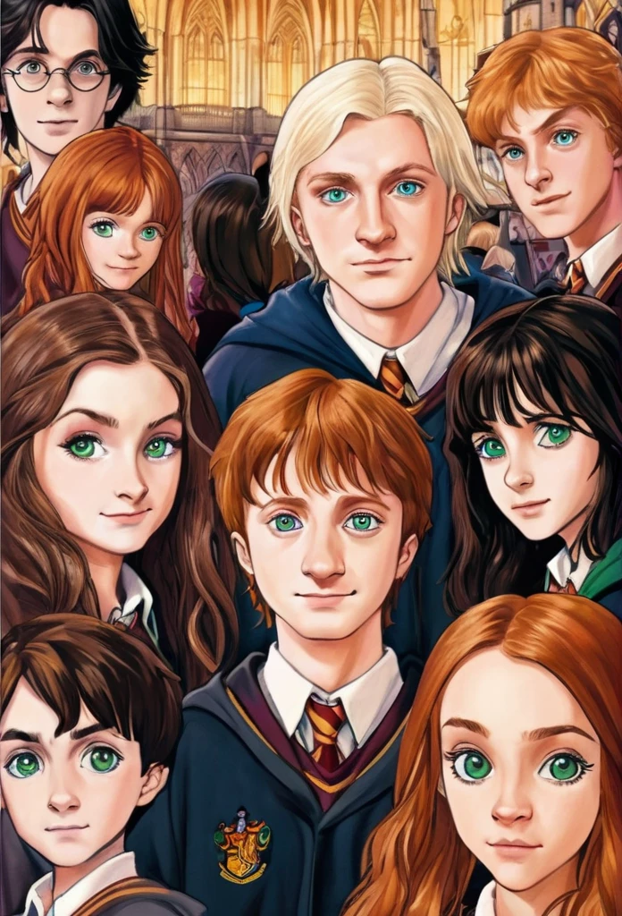 dessin de couverture Harry Potter, in foreground Harry Potter Gryffondor black hair and green eyes, Ron Weasley, redhead with brown eyes, and Hermione Granger fille, brunette, brown eyes, in the background Draco Malfoy Serpentard platinum blonde, gray eyes, Ginny Weasley fille rousse yeux marrons Gryffondor , In the last shot Luna lovegood fille blue eyes and dark blond hair and Neuville Londubat garçon blond yeux marrons Gryffondor