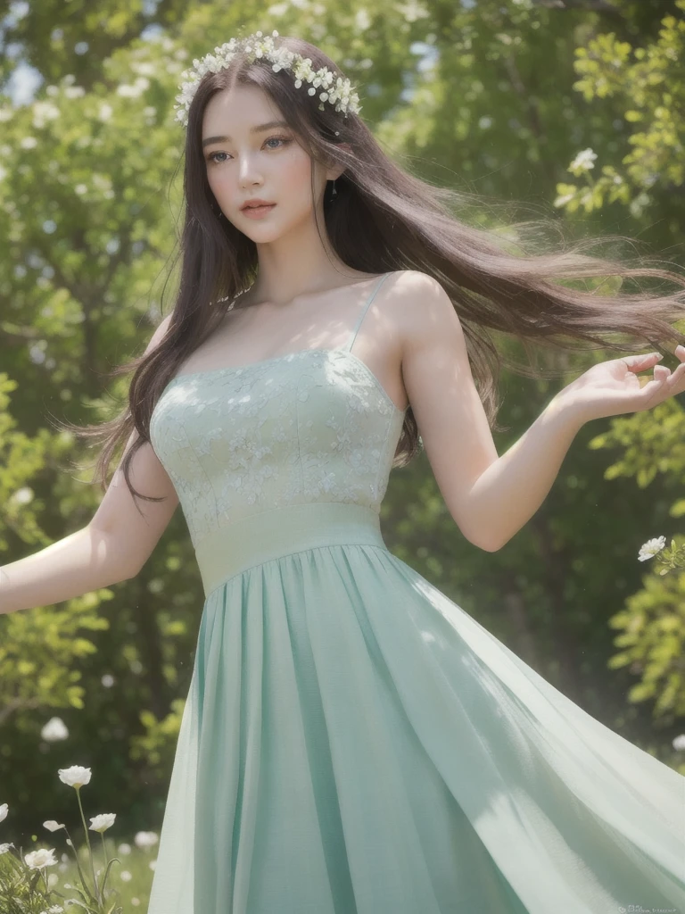 ,masterpiece, best quality, 8K, ultra high resolution, Light and shadow, Cinema lens, (beautiful eyes: 1.1), ((The scene is, Upper body)), dynamic pose, long skirt In the green grassland, Goddess The gentle one came with gentle steps. She was wearing a white dress. Flowers bloomed at his feet, As if nature was cheering for him。