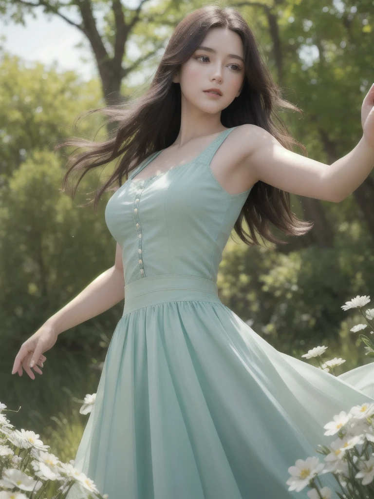 ,masterpiece, best quality, 8K, ultra high resolution, Light and shadow, Cinema lens, (beautiful eyes: 1.1), ((The scene is, Upper body)), dynamic pose, long skirt In the green grassland, Goddess The gentle one came with gentle steps. She was wearing a white dress. Flowers bloomed at his feet, As if nature was cheering for him。