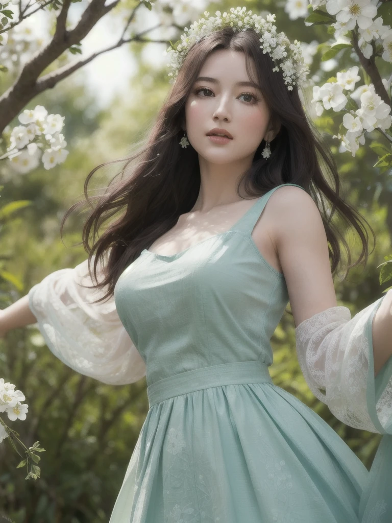 ,masterpiece, best quality, 8K, ultra high resolution, Light and shadow, Cinema lens, (beautiful eyes: 1.1), ((The scene is, Upper body)), dynamic pose, long skirt In the green grassland, Goddess The gentle one came with gentle steps. She was wearing a white dress. Flowers bloomed at his feet, As if nature was cheering for him。