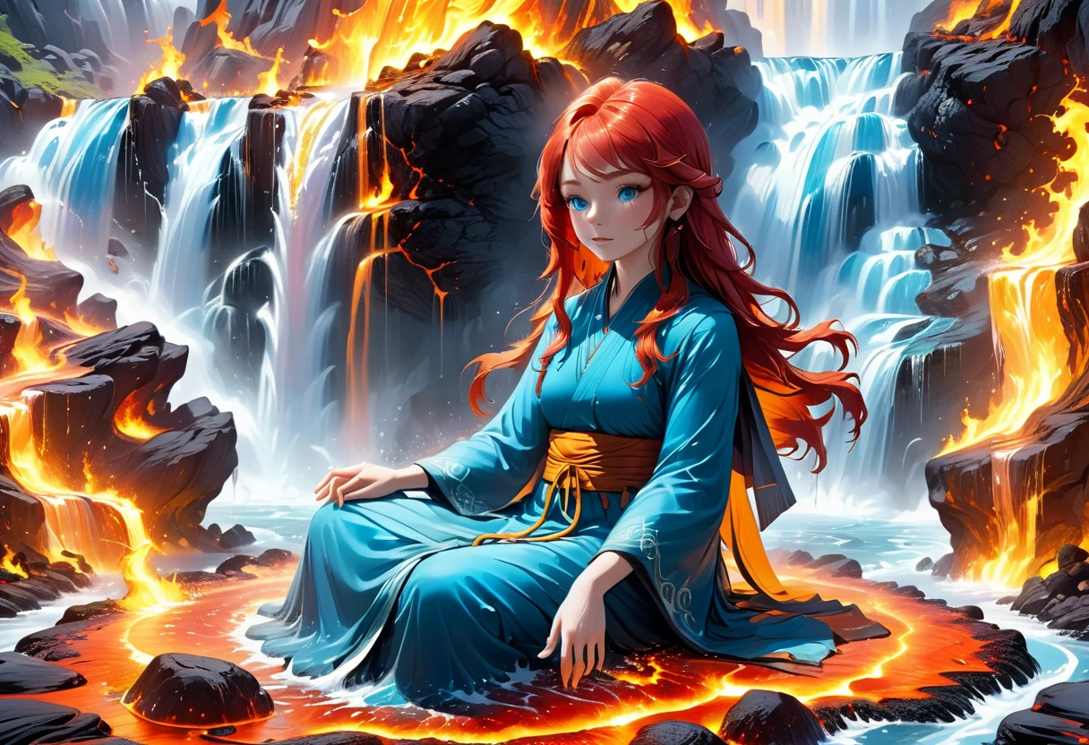 a picture of a (female monk: 1.2) sitting and meditating near a waterfall, at the base of the waterfall, there is a human woman monk wearing monk garbs, meditating near a bonfire near an (epic sized waterfall: 1.3), red hair, long hair, full body (best details, Masterpiece, best quality :1.5), ultra detailed face (best details, Masterpiece, best quality :1.5), ultra feminine (best details, Masterpiece, best quality :1.5), exquisite beautiful (best details, Masterpiece, best quality :1.5) red hair, long hair, wavy hair, pale skin, blue eyes, intense eyes, water coming down from a volcanic cliff, multi level water falls, several pools created in different levels, forming new waterfalls, water cascading into a (large lava pool: 1.3) steam rising, clear water in many hues of blue and azure, fantasy art, photorealistic, D&D art, ultra best realistic, best details, best quality, 16k, [ultra detailed], masterpiece, best quality, (extremely detailed), ultra wide shot, photorealism, depth of field, hyper realistic painting, faize, perfecteyes