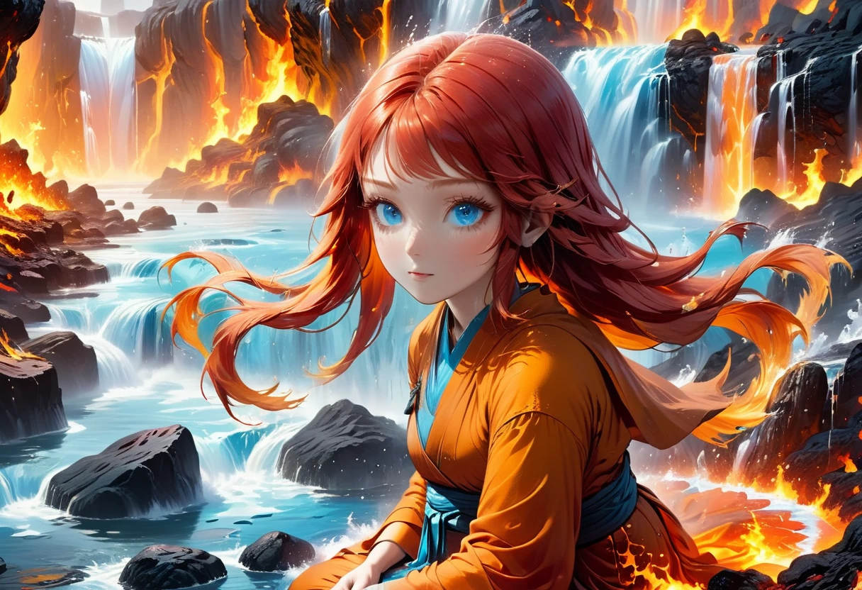a picture of a (female monk: 1.2) sitting and meditating near a waterfall, at the base of the waterfall, there is a human woman monk wearing monk garbs, meditating near a bonfire near an (epic sized waterfall: 1.3), red hair, long hair, full body (best details, Masterpiece, best quality :1.5), ultra detailed face (best details, Masterpiece, best quality :1.5), ultra feminine (best details, Masterpiece, best quality :1.5), exquisite beautiful (best details, Masterpiece, best quality :1.5) red hair, long hair, wavy hair, pale skin, blue eyes, intense eyes, water coming down from a volcanic cliff, multi level water falls, several pools created in different levels, forming new waterfalls, water cascading into a (large lava pool: 1.3) steam rising, clear water in many hues of blue and azure, fantasy art, photorealistic, D&D art, ultra best realistic, best details, best quality, 16k, [ultra detailed], masterpiece, best quality, (extremely detailed), ultra wide shot, photorealism, depth of field, hyper realistic painting, faize, perfecteyes