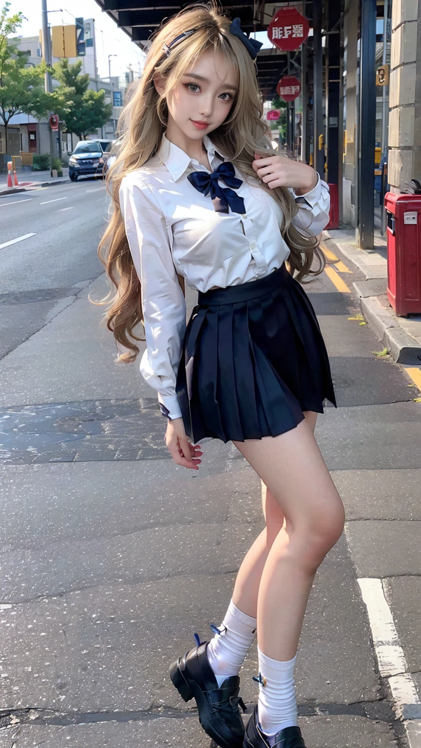 (Two high school girls:1.8)), Gal, (Shopping mall, Shopping Street, street, Outdoor), Full body portrait, Photograph the whole body, Are standing, (Tall, Thin thighs, Elongated arms and legs, Small waist, Small hips), ((Highly detailed skin), Beautiful realistic face, White skin, Pointed Chest, Perfect Anatomy, Realistic eyes, Natural Eyes, Brown eyes, Accurate eye focus, Accurate limbs), (Hyper Realist, Ultra-realistic, 4K, Attention to detail, Ultra-high resolution, Highest quality, masterpiece, Presence, dynamic, Uplifting, bold, Sharpness), (Big Breasts:1.5), (Cleavage:1.5), (Blonde long hair:1.5, loose wavy long hair:1.5, Loose curly hair:1.5), (sleek bangs), (Twin tail hair), ((White collared shirt, Navy pleated mini skirt, Navy colored socks, Black loafers, Ribbon tie)), High school girl in uniform, Surreal high school girl, tall, High school girls in uniform, smile, Cleavageを強調,