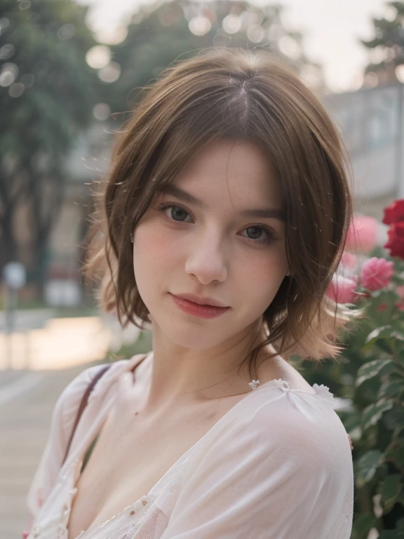 8k, RAW photo, Fujifilm, style photo of a beautiful young woman as avril in a garden of light pink roses (highly detailed skin: 1.2) Style-Petal BREAK short hair, blonde hair with colored locks, wearing a dress, film granulation, 35mm, cute style