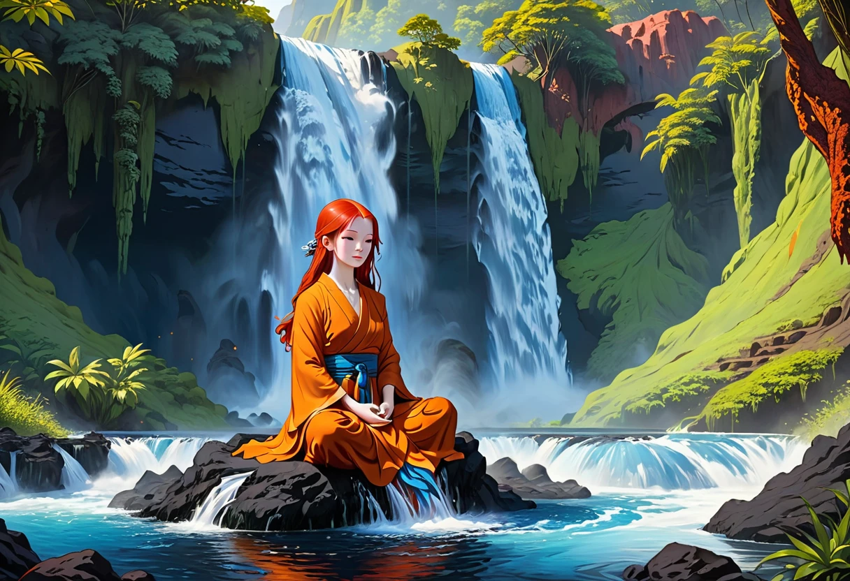 a picture of a (female monk: 1.2) sitting and meditating near a waterfall, at the base of the waterfall, there is a human woman monk wearing monk garbs, meditating near a bonfire near an (epic sized waterfall: 1.3), red hair, long hair, full body (best details, Masterpiece, best quality :1.5), ultra detailed face (best details, Masterpiece, best quality :1.5), ultra feminine (best details, Masterpiece, best quality :1.5), exquisite beautiful (best details, Masterpiece, best quality :1.5) red hair, long hair, wavy hair, pale skin, blue eyes, intense eyes, water coming down from a volcanic cliff, multi level water falls, several pools created in different levels, forming new waterfalls, water cascading into a (large lava pool: 1.3) steam rising, clear water in many hues of blue and azure, fantasy art, photorealistic, D&D art, ultra best realistic, best details, best quality, 16k, [ultra detailed], masterpiece, best quality, (extremely detailed), ultra wide shot, photorealism, depth of field, hyper realistic painting, faize, perfecteyes
