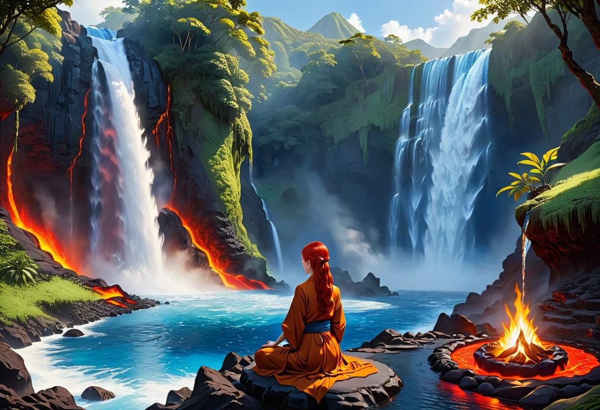 a picture of a (female monk: 1.2) sitting and meditating near a waterfall, at the base of the waterfall, there is a human woman monk wearing monk garbs, meditating near a bonfire near an (epic sized waterfall: 1.3), red hair, long hair, full body (best details, Masterpiece, best quality :1.5), ultra detailed face (best details, Masterpiece, best quality :1.5), ultra feminine (best details, Masterpiece, best quality :1.5), exquisite beautiful (best details, Masterpiece, best quality :1.5) red hair, long hair, wavy hair, pale skin, blue eyes, intense eyes, water coming down from a volcanic cliff, multi level water falls, several pools created in different levels, forming new waterfalls, water cascading into a (large lava pool: 1.3) steam rising, clear water in many hues of blue and azure, fantasy art, photorealistic, D&D art, ultra best realistic, best details, best quality, 16k, [ultra detailed], masterpiece, best quality, (extremely detailed), ultra wide shot, photorealism, depth of field, hyper realistic painting, faize, perfecteyes