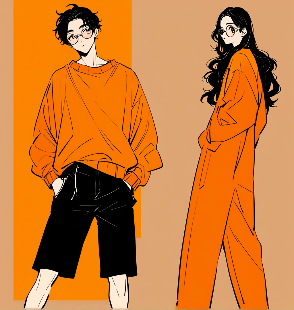 An illustration of a teenage boy with a stylish and relaxed appearance, set against an orange background. The boy has light, wavy hair and is wearing round glasses. He is dressed in an oversized orange sweater with black accents, paired with black shorts. The overall style is minimalist and modern, with clean lines and a focus on the contrasting colors of orange and black. The illustration has a fashionable and trendy feel, with the boy standing casually, his hand in his pocket. The image should convey a cool and laid-back vibe."